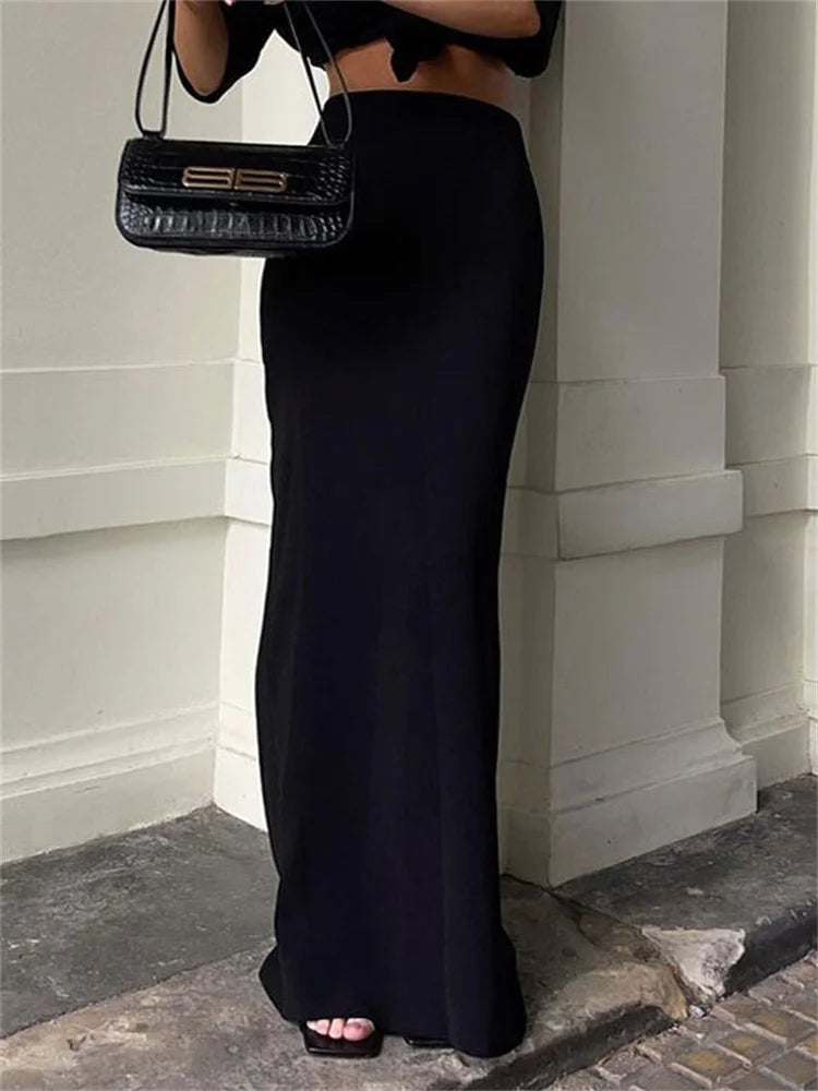 Falda larga negra de cintura alta para mujer - Verano 2025 - Vestido elegante, ajustado y sin costuras