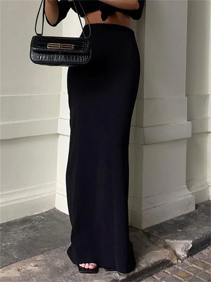 Falda larga negra de cintura alta para mujer - Verano 2025 - Vestido elegante, ajustado y sin costuras