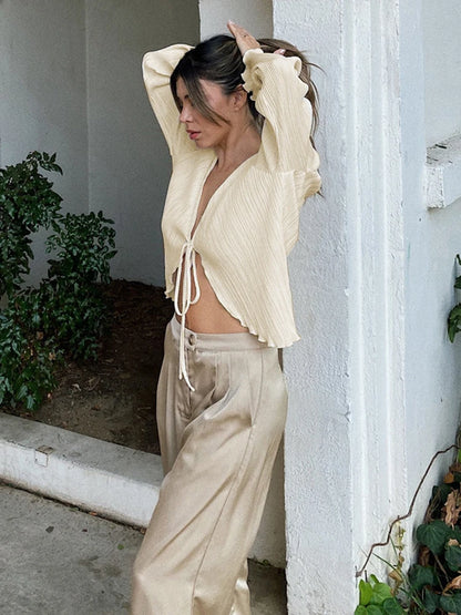 Blusa francesa de moda con pliegues y cuello en V para mujer, cárdigan de manga larga, sexy, ajustada, con volantes, ropa de calle informal de verano 2025