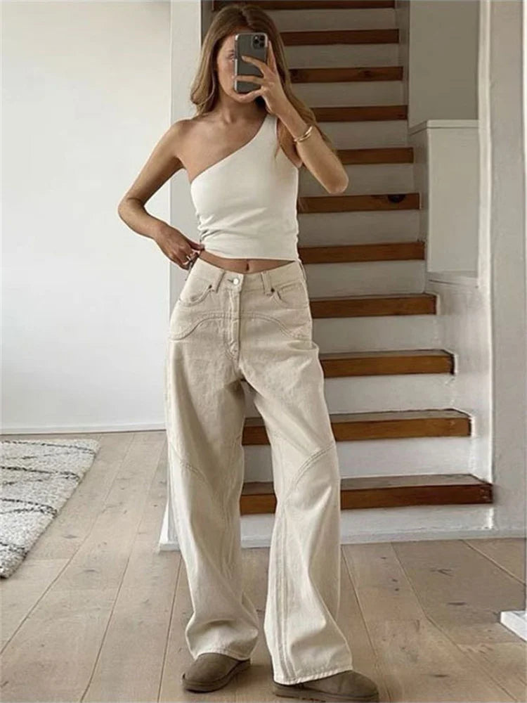 Pantalones de chándal de cintura alta para mujer, de moda, rectos, ajustados, informales, de verano 2025, con bolsillos, de mezclilla