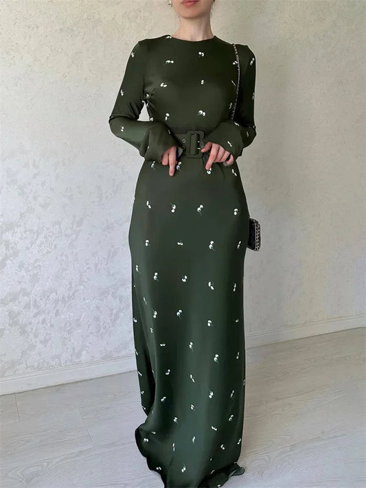 Fashion High Waist Long Dress Ladies Long Sleeve Slim Ruffled Patchwork Elegant Party Dress Printed Casual Maxi Dress 2025
