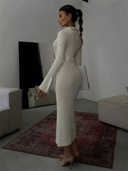 Vestido largo de punto de moda para mujer, de canalé, de cintura alta, con retazos, ajustado, de manga larga y solapa, para otoño, vestido de fiesta de punto, nuevo