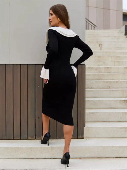 Fashion Knit Patchwork Long Dress Women’s Ruffled Slim Elegant Contrast Ribbed Party Dress Knitwear Autumn Maxi Dress New