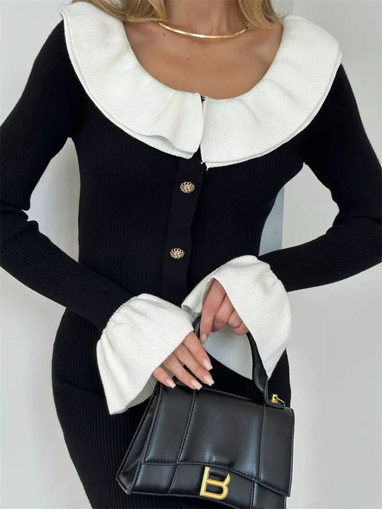 Fashion Knit Patchwork Long Dress Women’s Ruffled Slim Elegant Contrast Ribbed Party Dress Knitwear Autumn Maxi Dress New