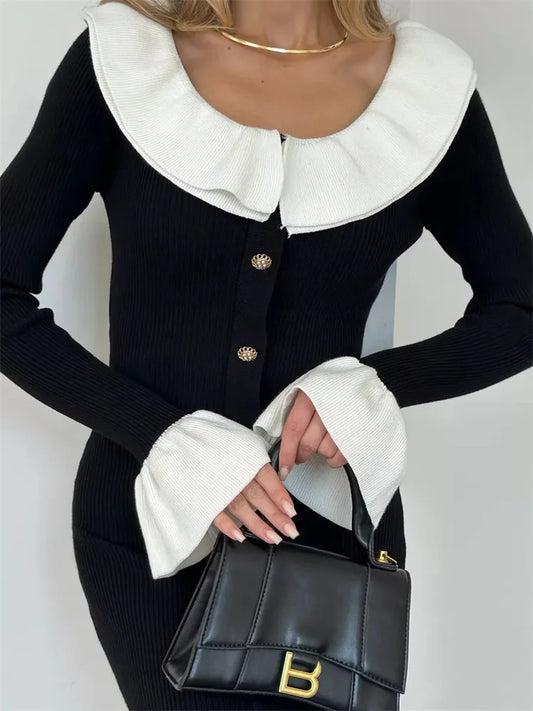 Fashion Knit Patchwork Long Dress Women’s Ruffled Slim Elegant Contrast Ribbed Party Dress Knitwear Autumn Maxi Dress New