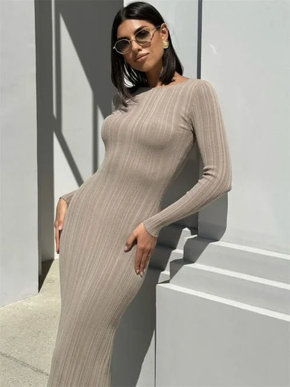 Fashion Knit Ribbed Maxi Dress Ladies High Waist Long Sleeve Patchwork Elegant Slim Party Dress Autumn 2025 Knitwear Dress