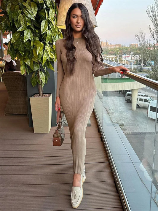 Fashion Knit Ribbed Maxi Dress Ladies High Waist Long Sleeve Patchwork Elegant Slim Party Dress Autumn 2025 Knitwear Dress