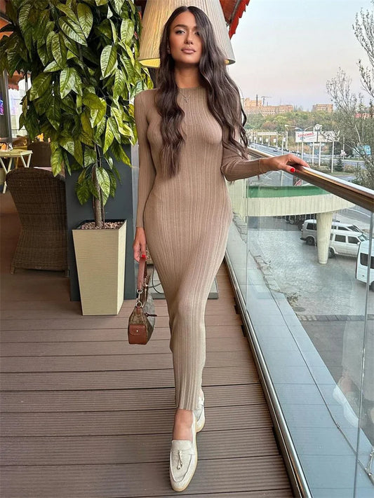 Fashion Knit Ribbed Maxi Dress Ladies High Waist Long Sleeve Patchwork Elegant Slim Party Dress Autumn 2025 Knitwear Dress