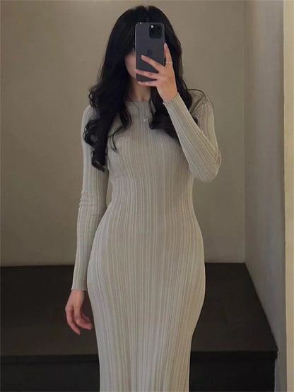 Fashion Knit Ribbed Maxi Dress Ladies High Waist Long Sleeve Patchwork Elegant Slim Party Dress Autumn 2025 Knitwear Dress