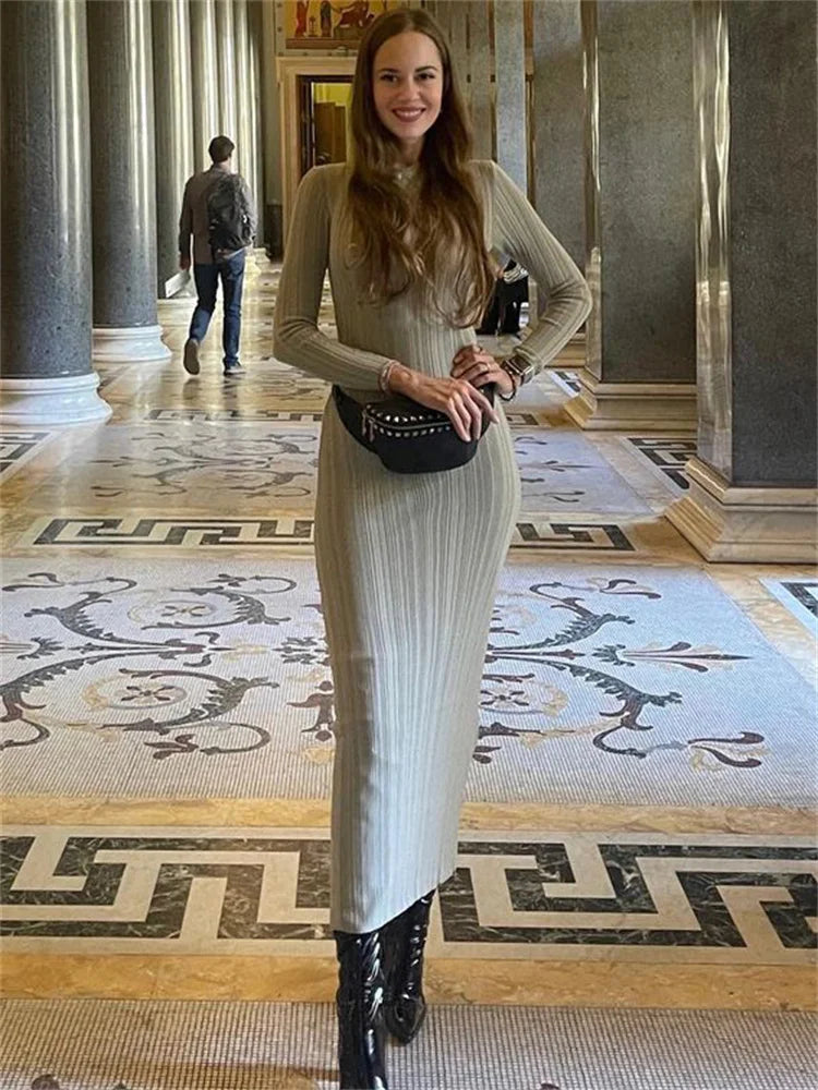 Fashion Knit Ribbed Maxi Dress Ladies High Waist Long Sleeve Patchwork Elegant Slim Party Dress Autumn 2025 Knitwear Dress