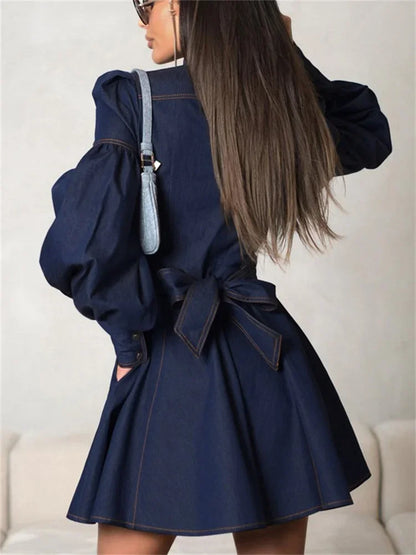 Vestido mini de mezclilla con cordones de moda para mujer, estilo patchwork, cintura alta, estilo vendaje, ropa de calle, vestido informal ajustado para mujer, otoño