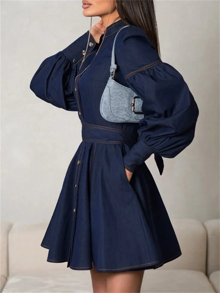 Vestido mini de mezclilla con cordones de moda para mujer, estilo patchwork, cintura alta, estilo vendaje, ropa de calle, vestido informal ajustado para mujer, otoño
