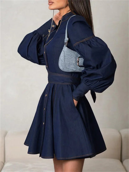 Vestido mini de mezclilla con cordones de moda para mujer, estilo patchwork, cintura alta, estilo vendaje, ropa de calle, vestido informal ajustado para mujer, otoño