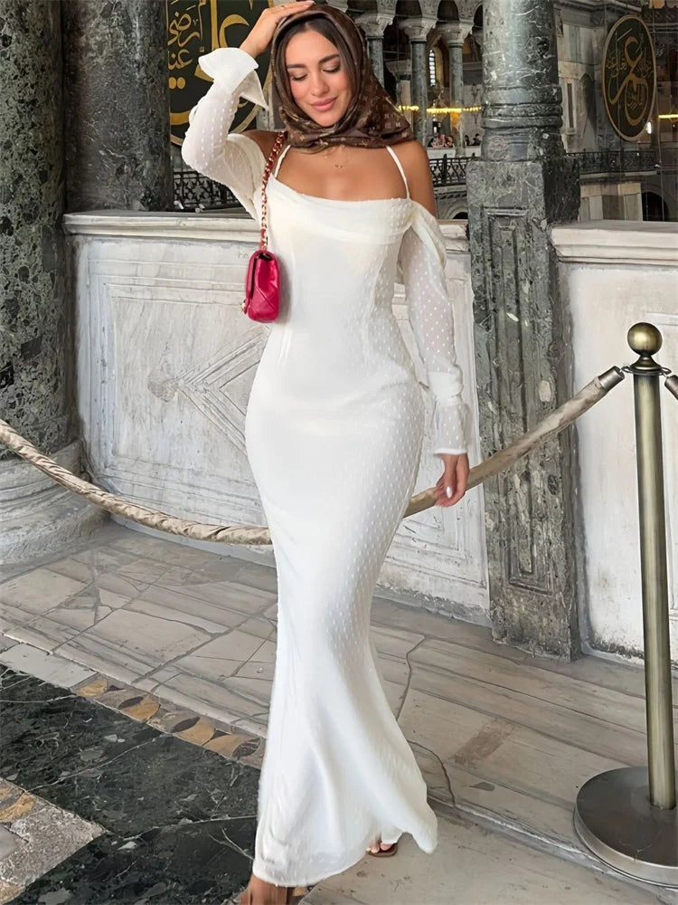 Vestido largo de malla de moda sin espalda para mujer, con cordones, cintura alta, hombros descubiertos, ajustado, elegante vestido de fiesta de otoño para mujer