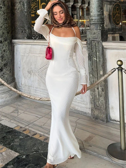 Vestido largo de malla de moda sin espalda para mujer, con cordones, cintura alta, hombros descubiertos, ajustado, elegante vestido de fiesta de otoño para mujer