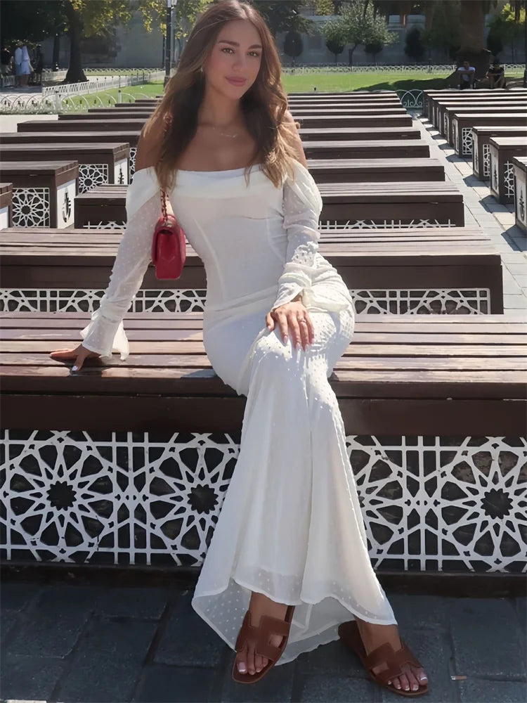 Vestido largo de malla de moda sin espalda para mujer, con cordones, cintura alta, hombros descubiertos, ajustado, elegante vestido de fiesta de otoño para mujer