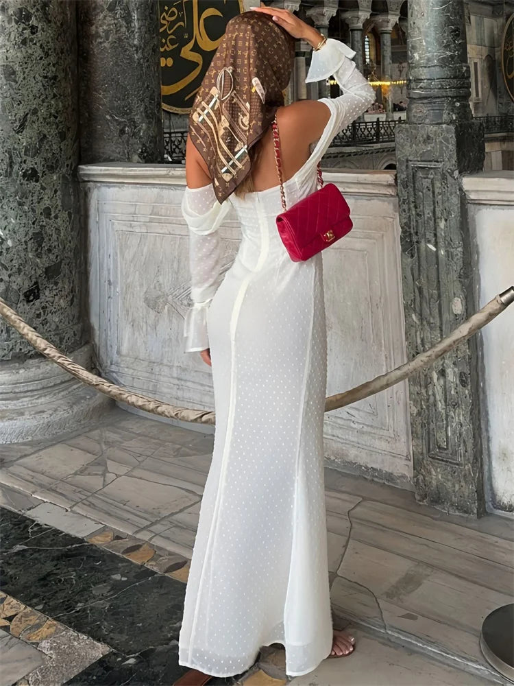 Vestido largo de malla de moda sin espalda para mujer, con cordones, cintura alta, hombros descubiertos, ajustado, elegante vestido de fiesta de otoño para mujer