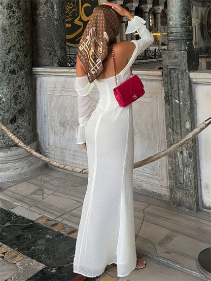 Vestido largo de malla de moda sin espalda para mujer, con cordones, cintura alta, hombros descubiertos, ajustado, elegante vestido de fiesta de otoño para mujer