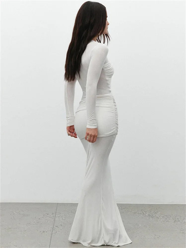 Fashion Mesh Patchwork Maxi Dress Women’s Pleated Skinny High Waist Slim See-Through Solid Party Dress Female Long Dress
