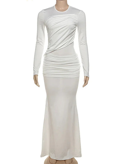 Fashion Mesh Patchwork Maxi Dress Women’s Pleated Skinny High Waist Slim See-Through Solid Party Dress Female Long Dress