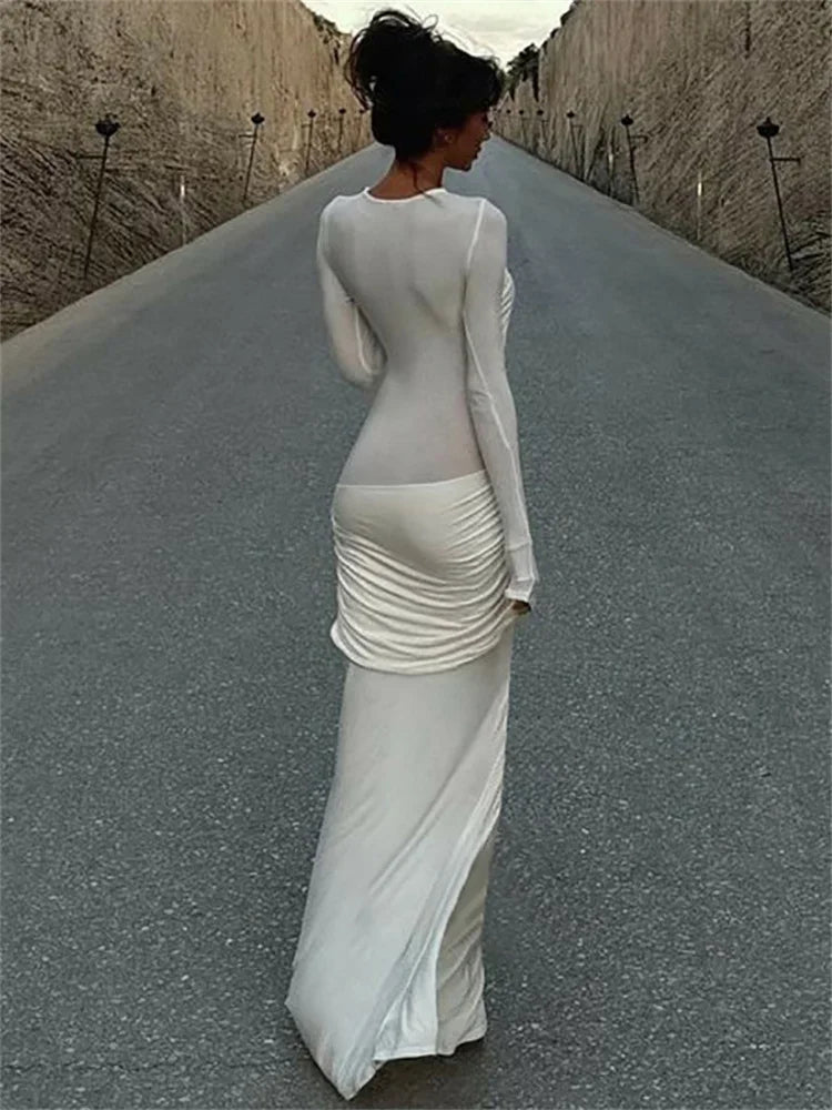 Fashion Mesh Patchwork Maxi Dress Women’s Pleated Skinny High Waist Slim See-Through Solid Party Dress Female Long Dress