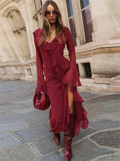 Fashion Mesh Ruffled Long Dress Women’s V-Neck Loose High Waist Patchwork Elegant Party Dress Female Autumn Maxi Dress New