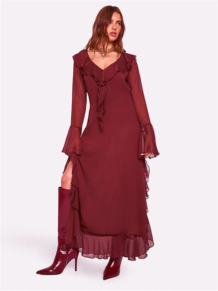 Fashion Mesh Ruffled Long Dress Women’s V-Neck Loose High Waist Patchwork Elegant Party Dress Female Autumn Maxi Dress New