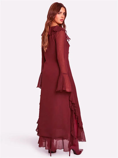 Fashion Mesh Ruffled Long Dress Women’s V-Neck Loose High Waist Patchwork Elegant Party Dress Female Autumn Maxi Dress New