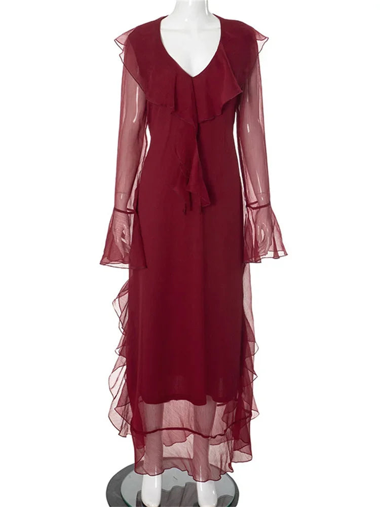 Fashion Mesh Ruffled Long Dress Women’s V-Neck Loose High Waist Patchwork Elegant Party Dress Female Autumn Maxi Dress New