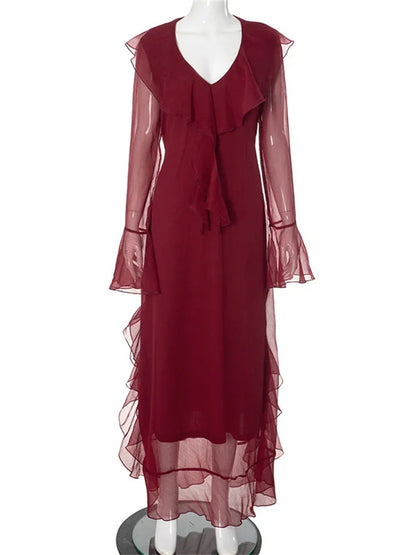 Fashion Mesh Ruffled Long Dress Women’s V-Neck Loose High Waist Patchwork Elegant Party Dress Female Autumn Maxi Dress New