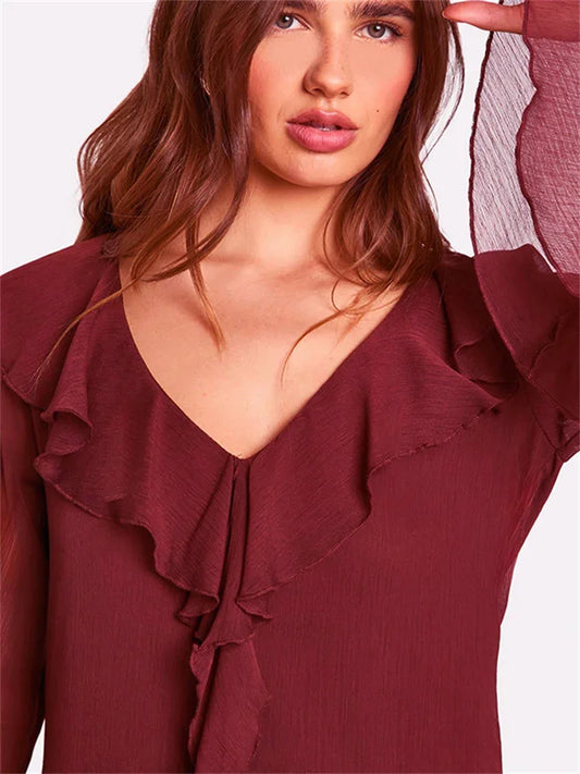Fashion Mesh Ruffled Long Dress Women’s V-Neck Loose High Waist Patchwork Elegant Party Dress Female Autumn Maxi Dress New