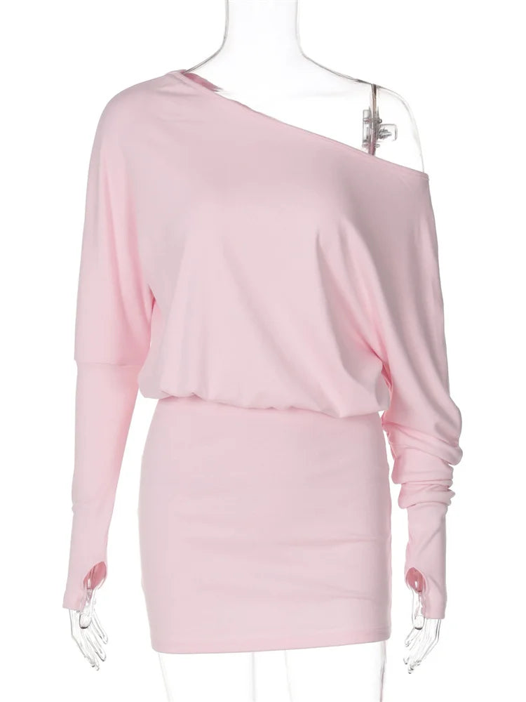 Vestido mini de patchwork con hombros descubiertos para mujer, ajustado, de manga larga y cintura alta, liso, de otoño, sin espalda