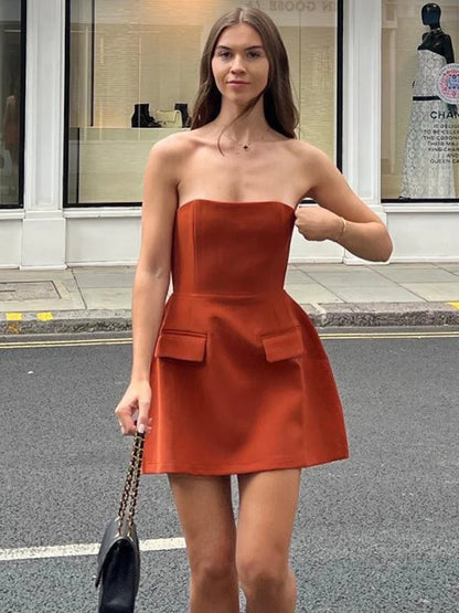 Fashion Patchwork Bandeau Mini Dress For Women Sleeveless High Waist Slim Elegant Backless Dress Casual Solid Dress 2025