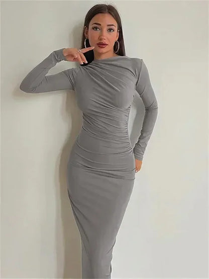 Fashion Pleated Autumn Dress Patchwork Elegant Women Long Sleeve Solid Maxi Dress