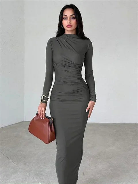 Fashion Pleated Autumn Dress Patchwork Elegant Women Long Sleeve Solid Maxi Dress