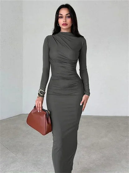Fashion Pleated Autumn Dress Patchwork Elegant Women Long Sleeve Solid Maxi Dress