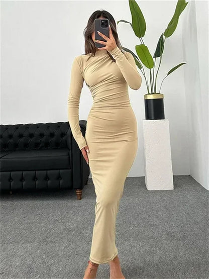 Fashion Pleated Autumn Dress Patchwork Elegant Women Long Sleeve Solid Maxi Dress