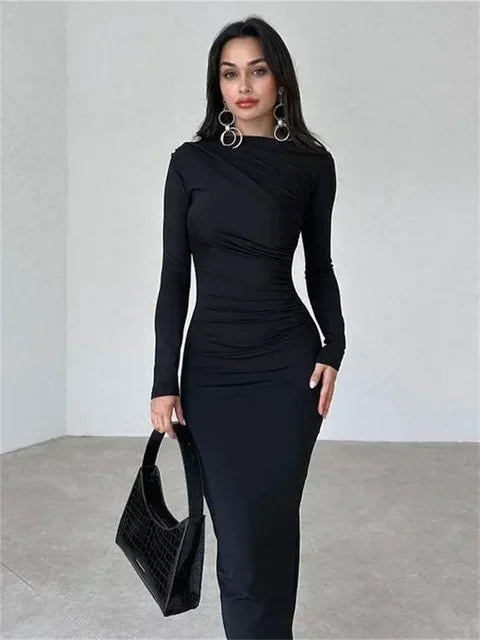 Fashion Pleated Autumn Dress Patchwork Elegant Women Long Sleeve Solid Maxi Dress