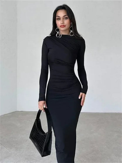 Fashion Pleated Autumn Dress Patchwork Elegant Women Long Sleeve Solid Maxi Dress
