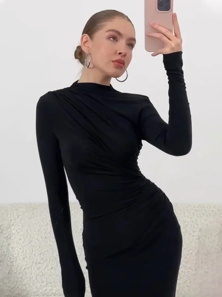 Fashion Pleated Autumn Dress Patchwork Elegant Women Long Sleeve Solid Maxi Dress