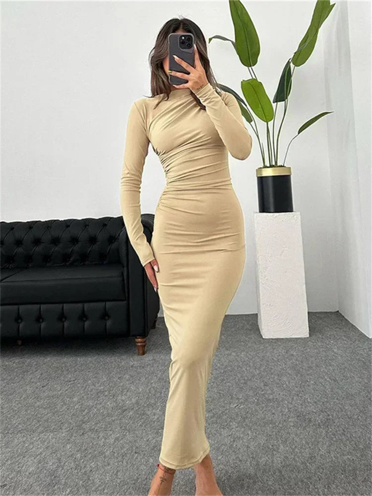 Fashion Pleated Autumn Dress Patchwork Elegant Women Long Sleeve Solid Maxi Dress