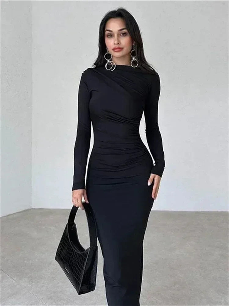 Fashion Pleated Autumn Dress Patchwork Elegant Women Long Sleeve Solid Maxi Dress