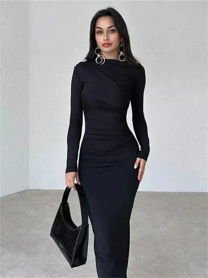 Fashion Pleated Autumn Dress Patchwork Elegant Women Long Sleeve Solid Maxi Dress