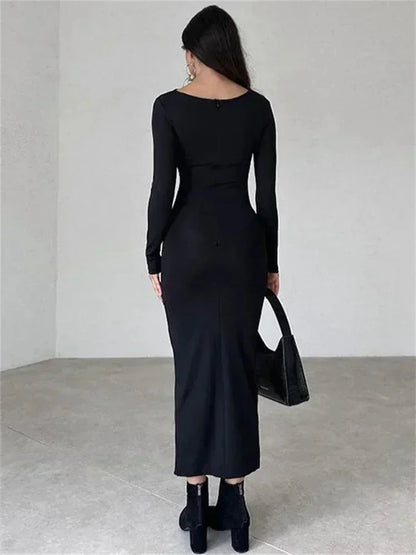 Fashion Pleated Autumn Dress Patchwork Elegant Women Long Sleeve Solid Maxi Dress