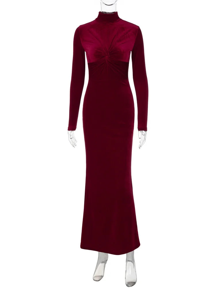 Vestido ajustado plisado de moda para mujer, cintura alta, manga larga, elegante, liso, para fiesta, vestido largo de otoño para mujer