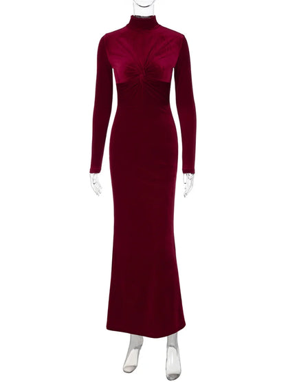 Vestido ajustado plisado de moda para mujer, cintura alta, manga larga, elegante, liso, para fiesta, vestido largo de otoño para mujer