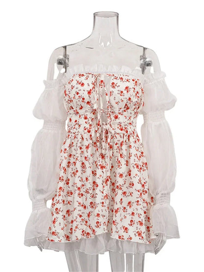 Fashion Printed Off-Shoulder Mini Dress Women’s Ruffled See-Through Long Sleeve Bandage Patchwork Dress Female Clothes New