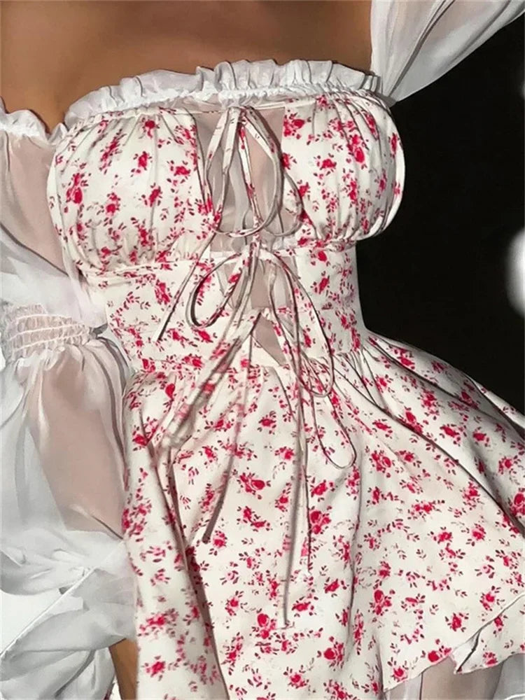 Fashion Printed Off-Shoulder Mini Dress Women’s Ruffled See-Through Long Sleeve Bandage Patchwork Dress Female Clothes New