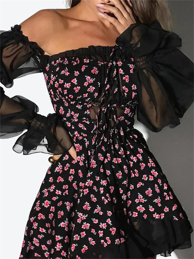 Fashion Printed Off-Shoulder Mini Dress Women’s Ruffled See-Through Long Sleeve Bandage Patchwork Dress Female Clothes New