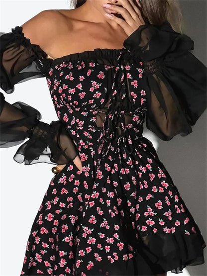 Fashion Printed Off-Shoulder Mini Dress Women’s Ruffled See-Through Long Sleeve Bandage Patchwork Dress Female Clothes New